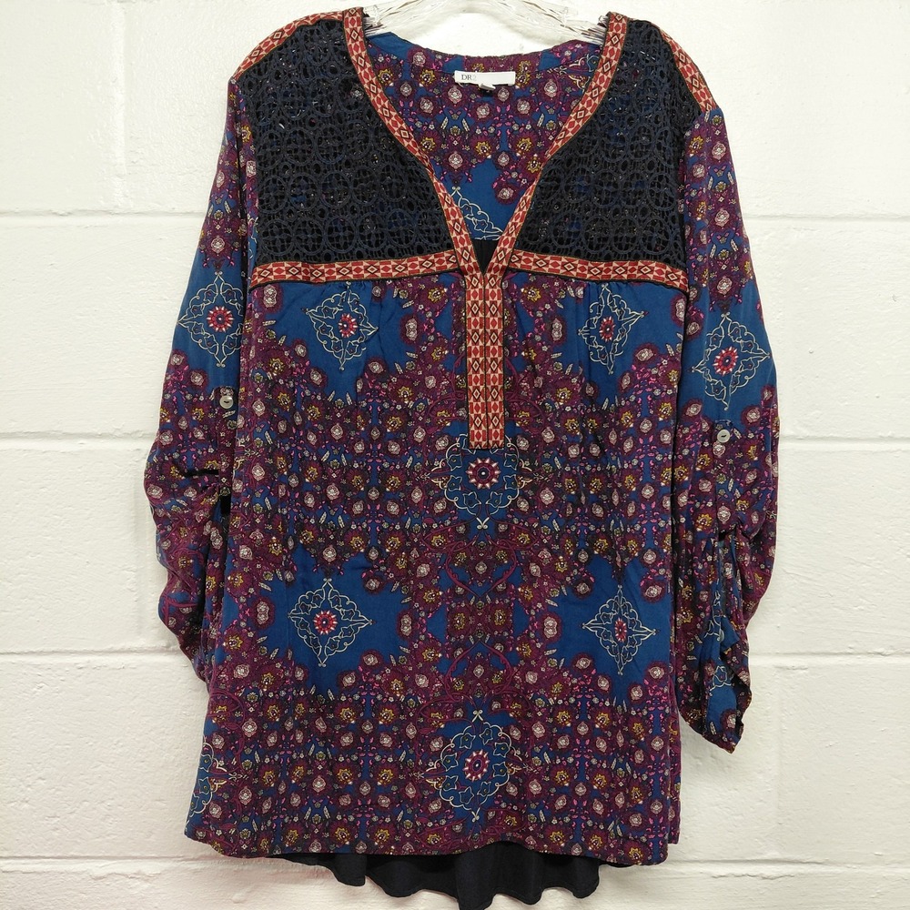 DR2 Women Purple Blue Geometric V-Neck Blouse 3X Boho Crochet Trim Fall Colorful